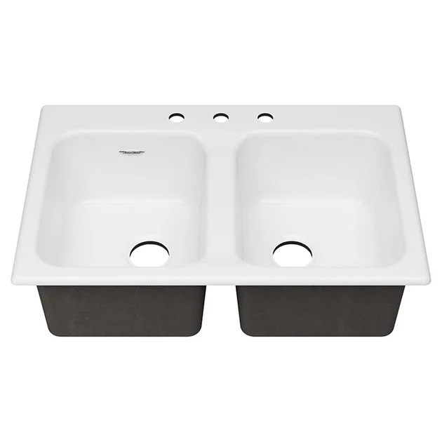 Quince 33" Equal Double Bowl Cast Iron Drop-In Kitchen Sink with 3 Holes