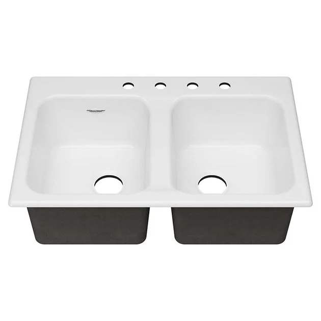 Quince 33" Equal Double Bowl Cast Iron Drop-In Kitchen Sink with 4 Holes