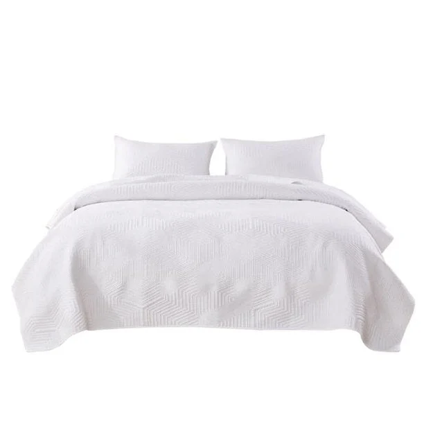 Benzara 3 Piece Microfiber King Size Quilt Set with Geometric Print, White