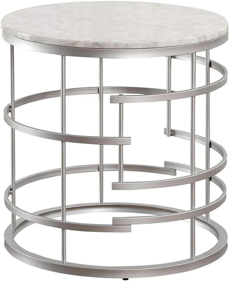 Benzara Faux Marble Top Round End Table with Metal Base, White and Silver
