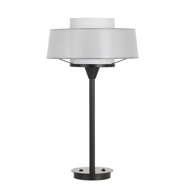 Benzara Tubular Metal Table Lamp with 2 Tier Translucent Shades, Black and White