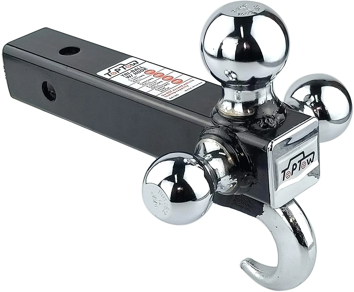 TOPTOW 64180 Trailer Receiver Hitch Triple Ball Mount with Hook, Chrome Balls, Fits for 2 inch Receiver, Hollow Shank