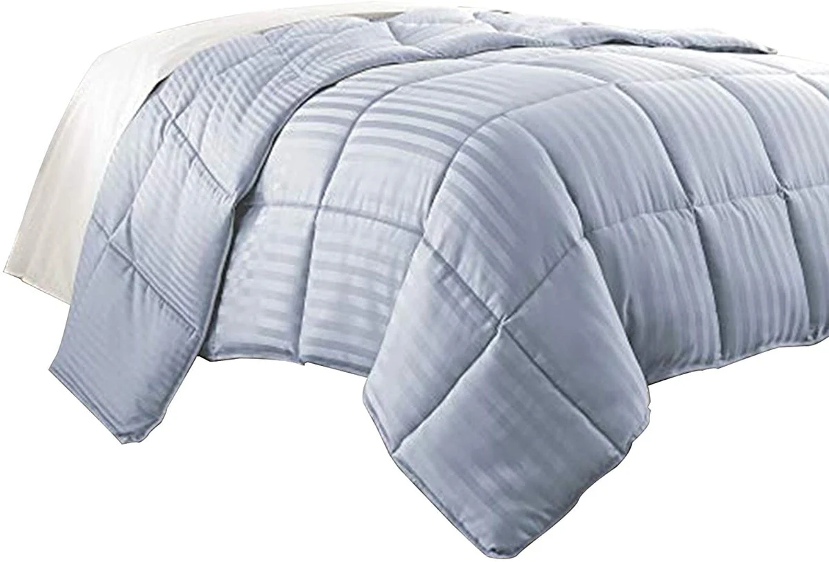Benzara Cork King Comforter with Vertical Stripes and Stitched Details, Blue