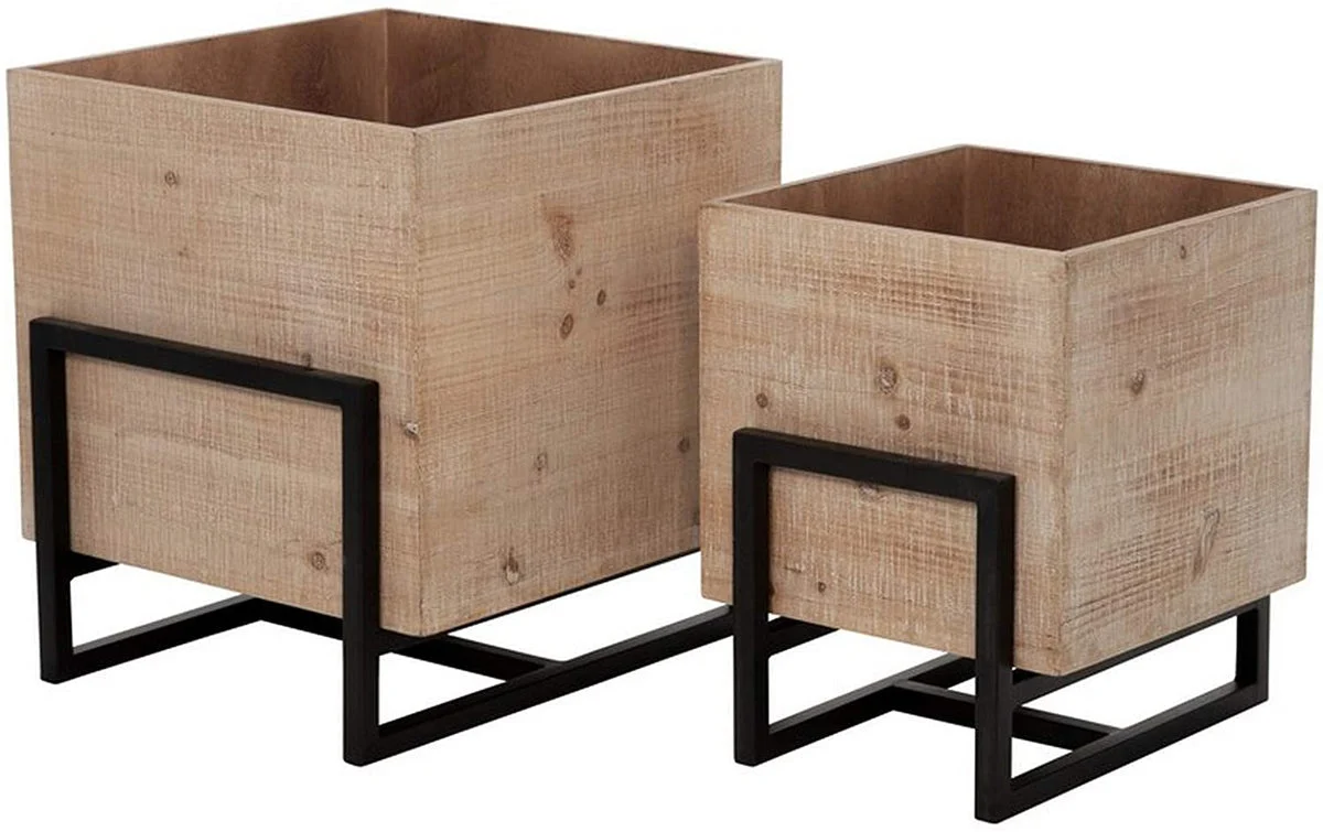 Benzara 15 inch Square Shaped Wooden Planter with Metal Frame Base, Set of 2,Brown