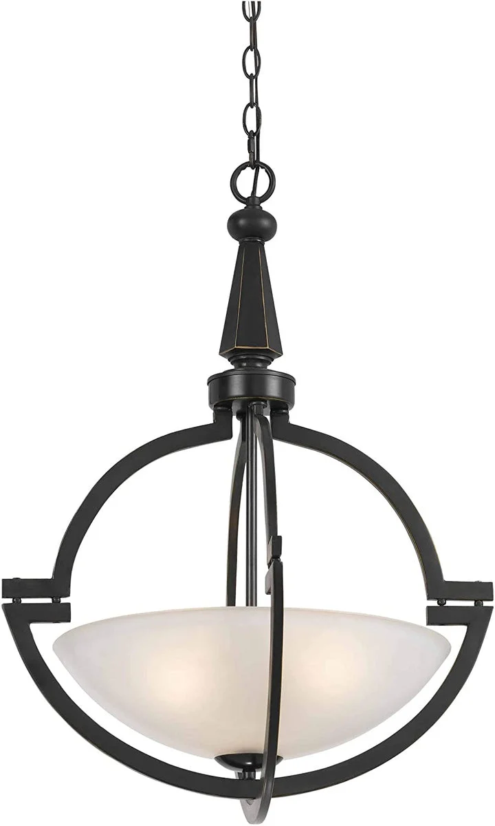 Benzara 3 Bulb Pendant Fixture with Geometrical Metal Frame and Glass Shade, Bronze