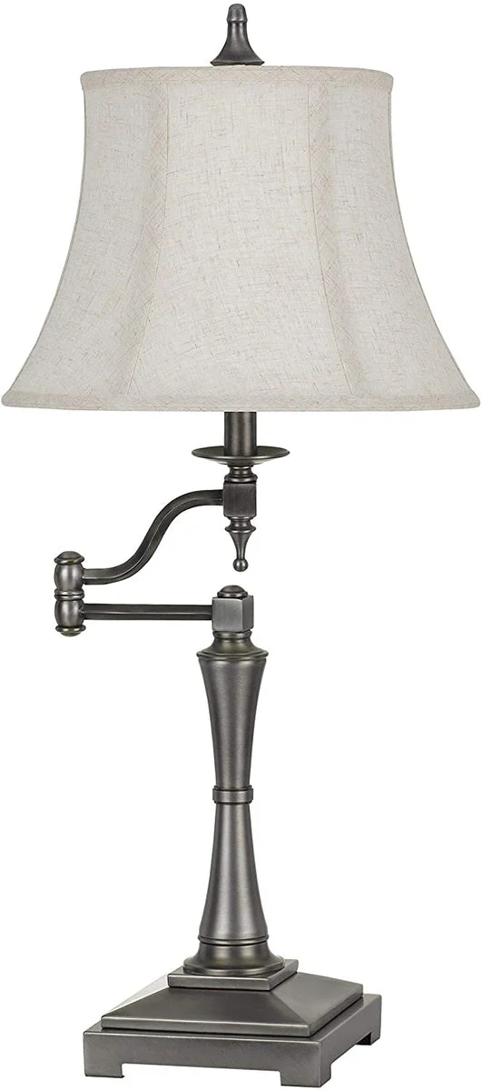 Benzara Metal Body Table Lamp with Swing Arm and Fabric Bell Shade, Silver and Gray