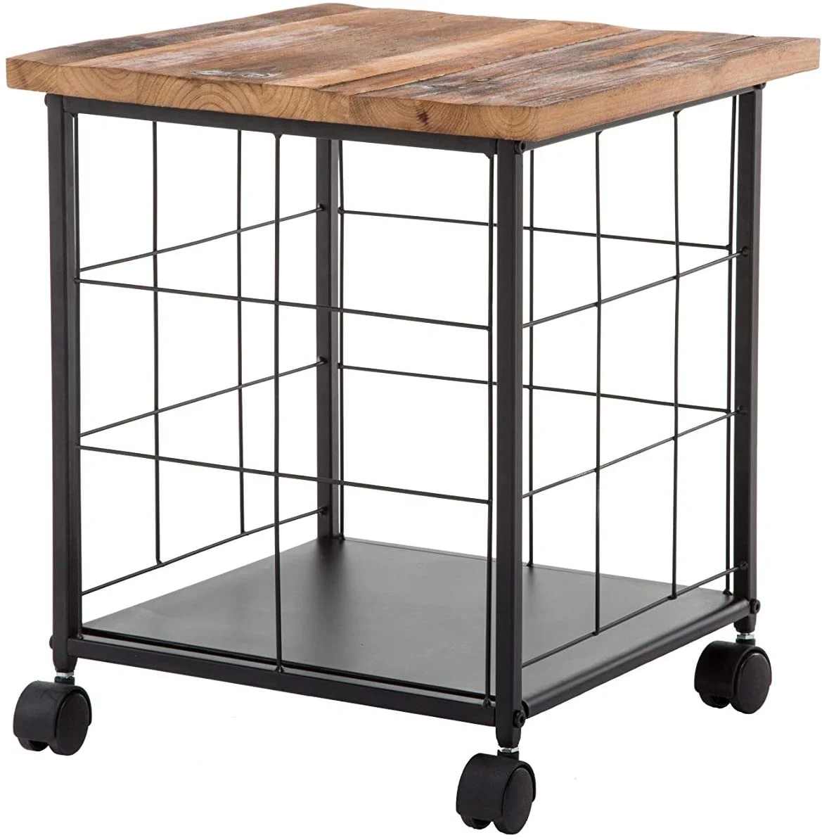Benzara Wood and Metal File Cabinet with Grid Base and Wheels, Brown and Black