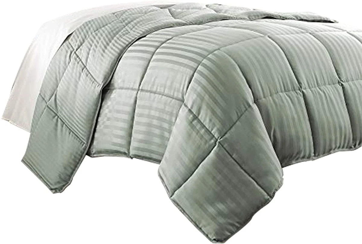 Benzara Cork Queen Comforter with Vertical Stripes and Stitched Details, Green