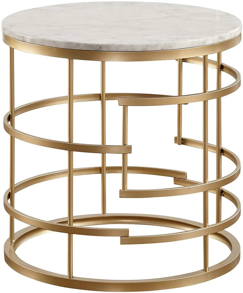 Benzara Faux Marble Top Round End Table with Metal Base, White and Gold