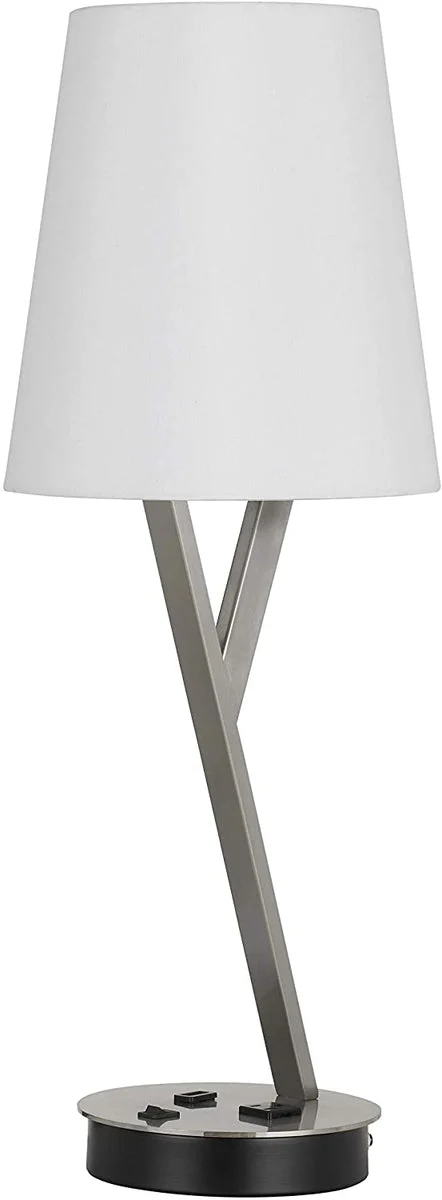Benzara Metal Table Lamp with Y Shaped Body and Fabric Shade, Silver and White