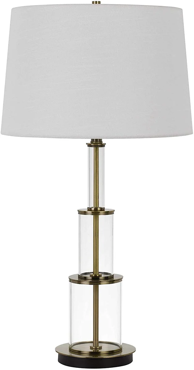 Benzara 3 Way Table Tamp with Stacked Pyramid Glass Body and Fabric Shade, White