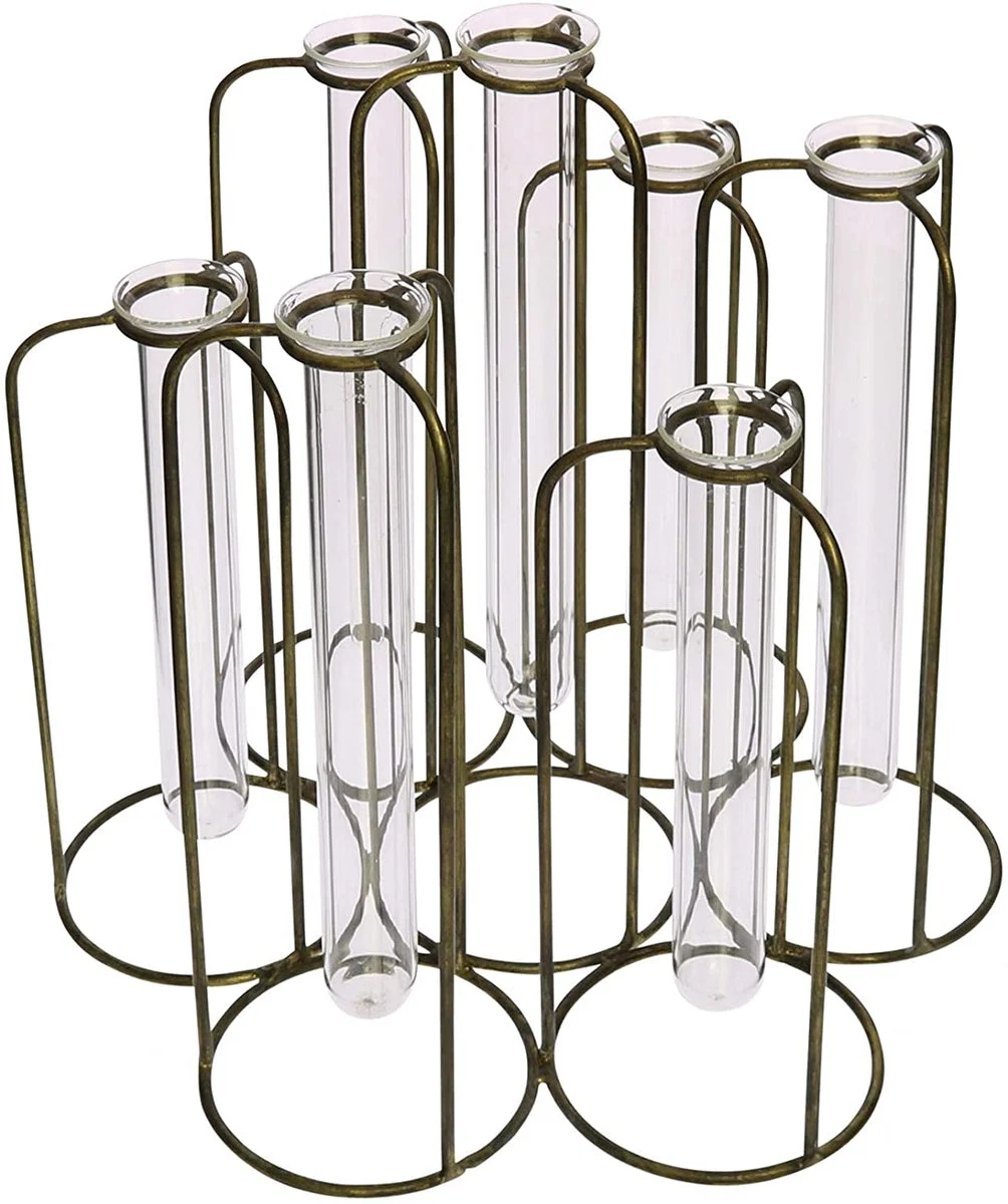 Benzara 7 Glass Tube Cluster Vase with Metal Frame Support, Bronze and Clear