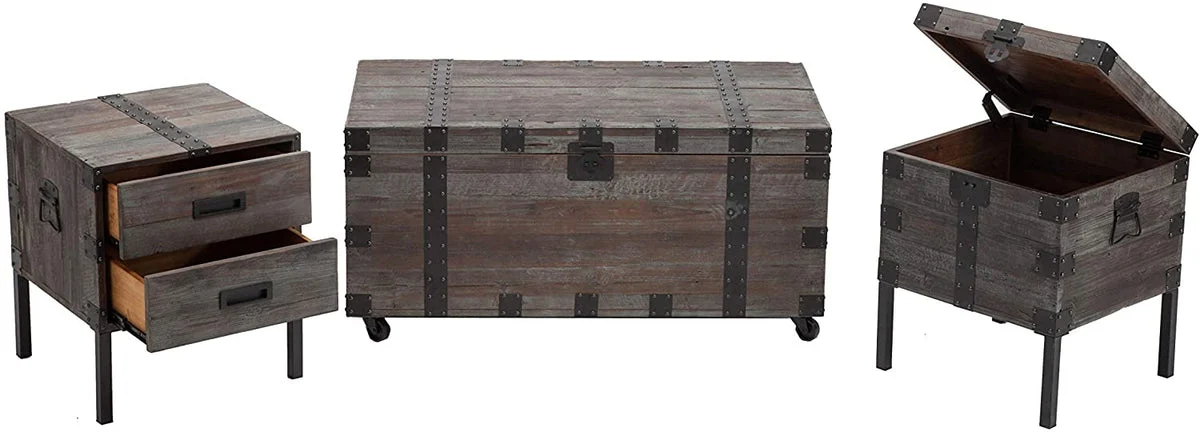 Benzara BM200112 3 Piece Reclaimed Wood & Metal Trunk Table Set, Gray & Black