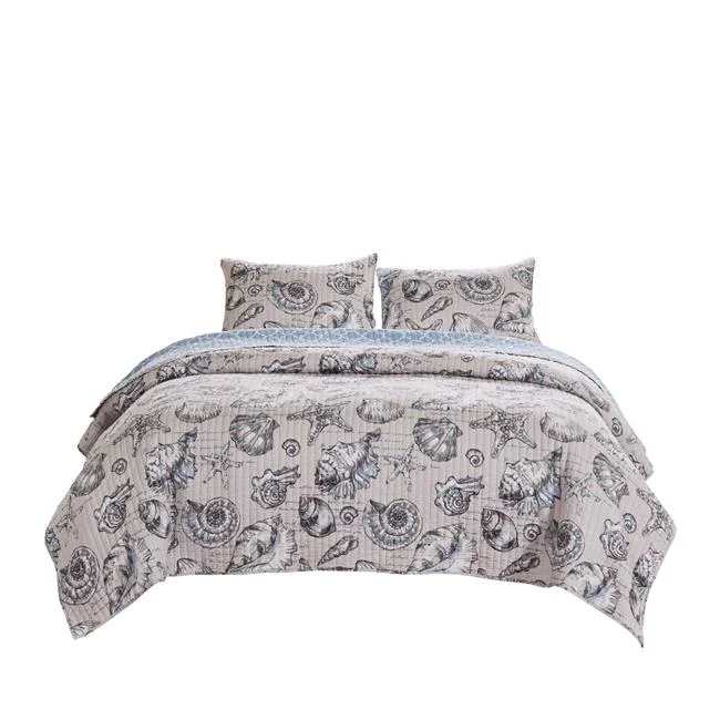 Benzara 3 Piece King Quilt Set with Seashell and Starfish Print, White and Gray