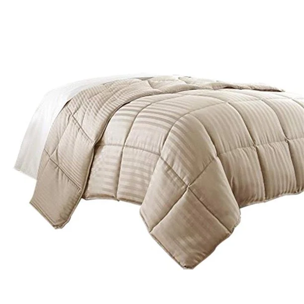 Benzara Cork King Comforter with Vertical Stripes and Stitched Details, Beige