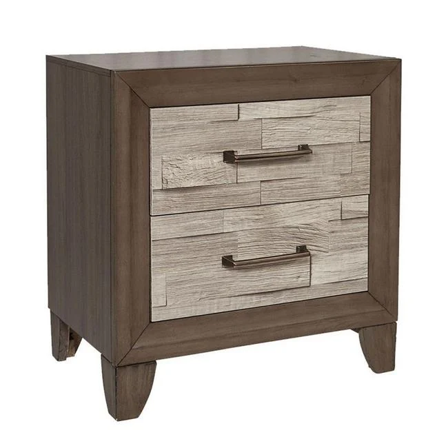 Benzara BM2153302 Drawer Nightstand with Bar Handles and Bracket Feet, Brown and Beige