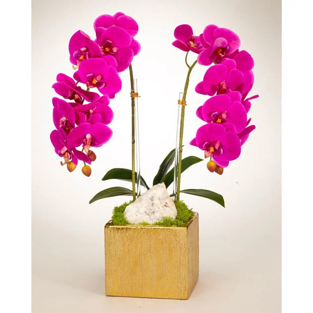 Double Fuchsia Orchids with Moroccan Geode in Gold Square Container