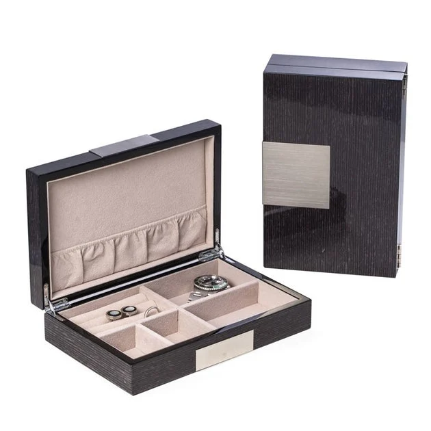 Kent Lacquered Wood Multi-Compartment Valet Box with Stainless Steel Accents - Steel Gray
