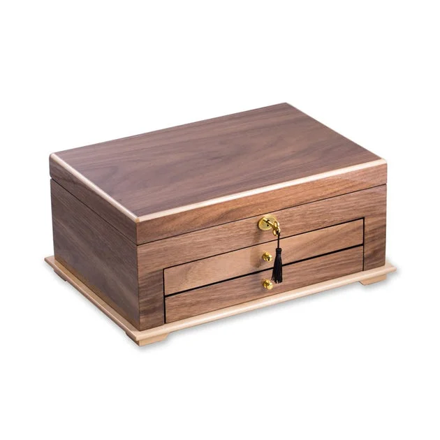 Lacquered Wood Three-Level Jewelry Box with Gold Accents and Locking Lid - Walnut