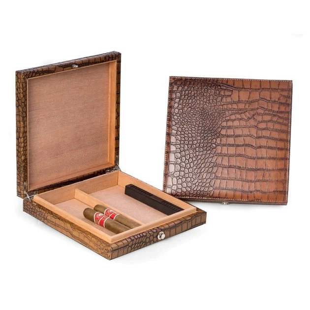 Croco Leather 12-Cigar Humidor with Spanish Cedar Lining and Humidistat - Brown