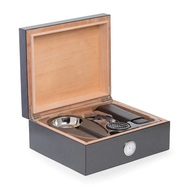Six-Piece Carbon Fiber Design 50-Cigar Humidor Set