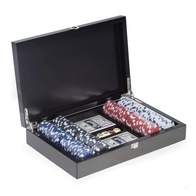 Poker Set with 200 Poker Chips, Two Decks of Cards, and Five Dice in Carbon Fiber/Chrome Case