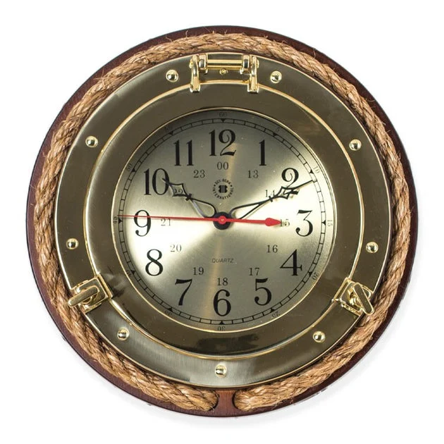 Brass Porthole Quartz Clock with Fisherman's Rope on Dark Cherry Wood