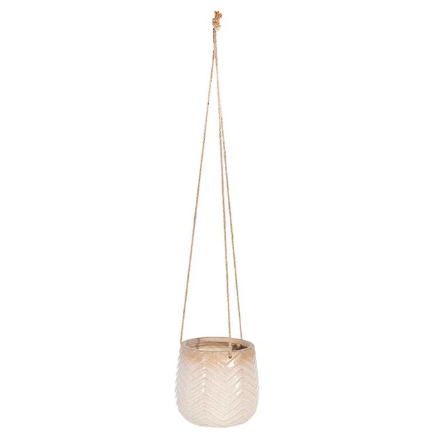 7" x 7" x 6.5" Ivory/Beige Ceramic Chevron Hanging Planter
