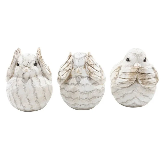6" x 4" x 5.25" Cream Polyresin See No Hear No Speak No Evil Bird Sculptures Set of 3