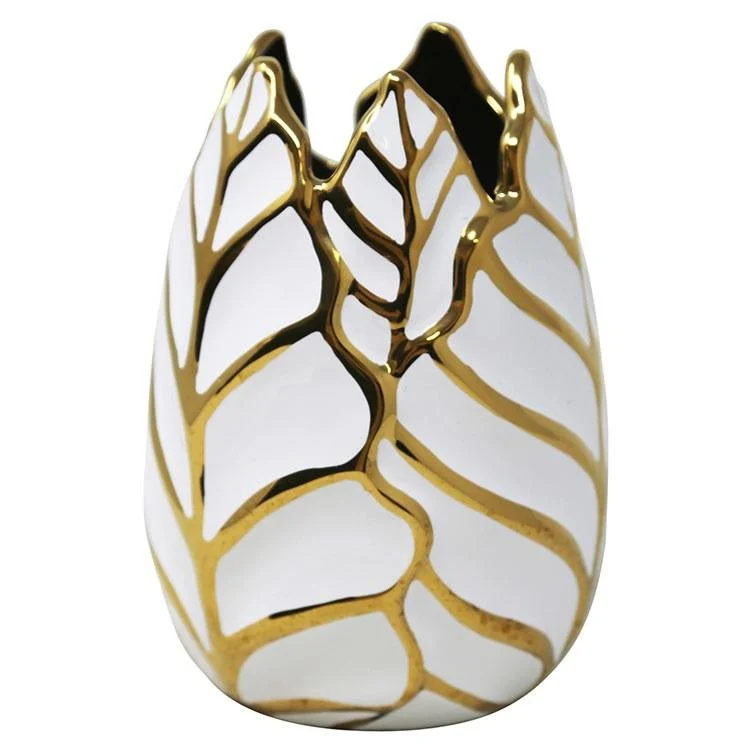 Sagebrook Home Ceramic 7.75" Leaf Vase, White/Gold