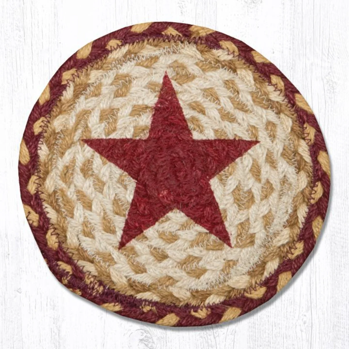 Earth Rugs Burgundy Star Braided Round Coaster – Farmhouse Style 7"x7"