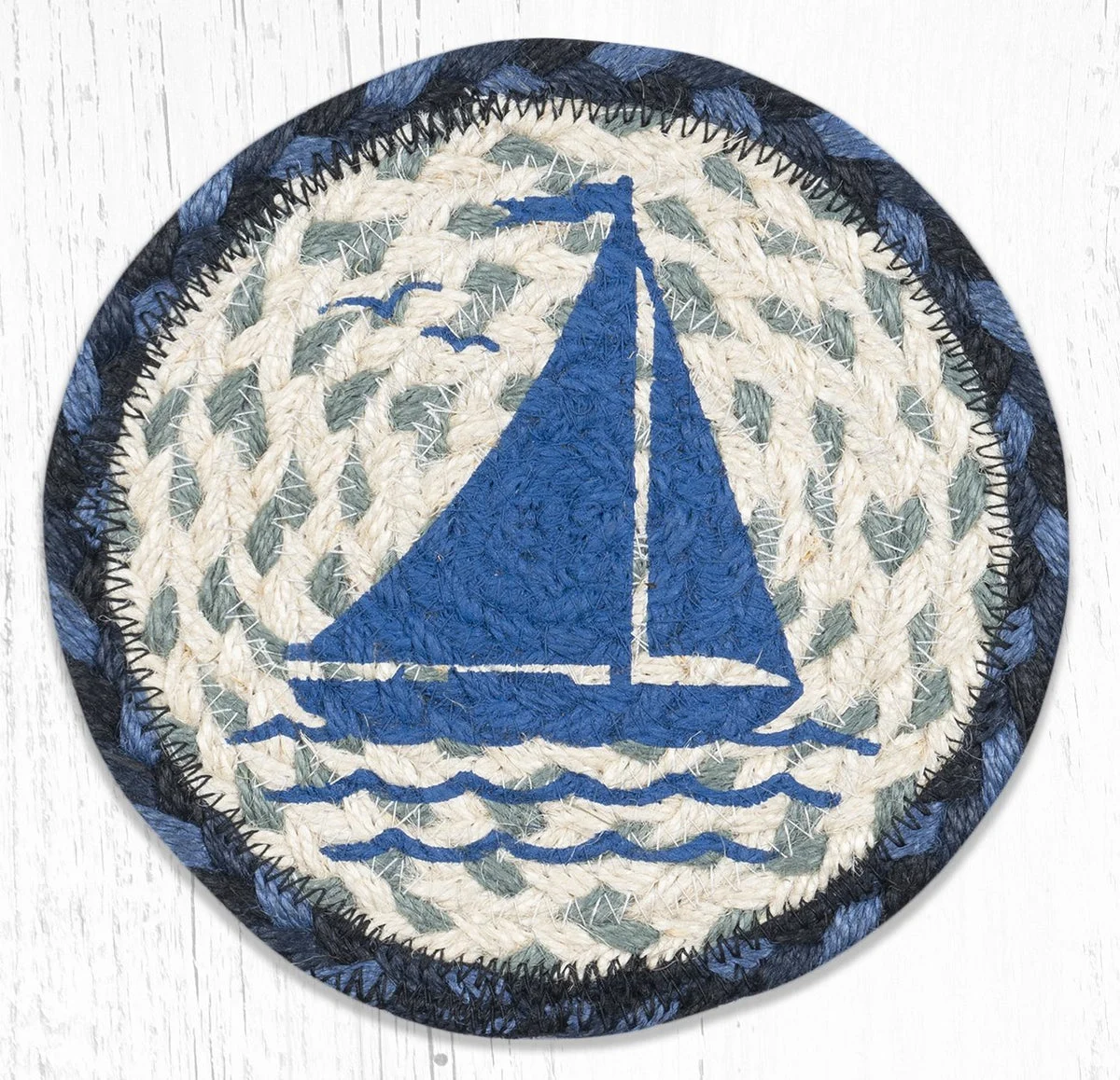 Earth Rugs Large Round Coaster – Sailboat Design in Braided Jute, 7"x7" Coastal Nautical Table Accent