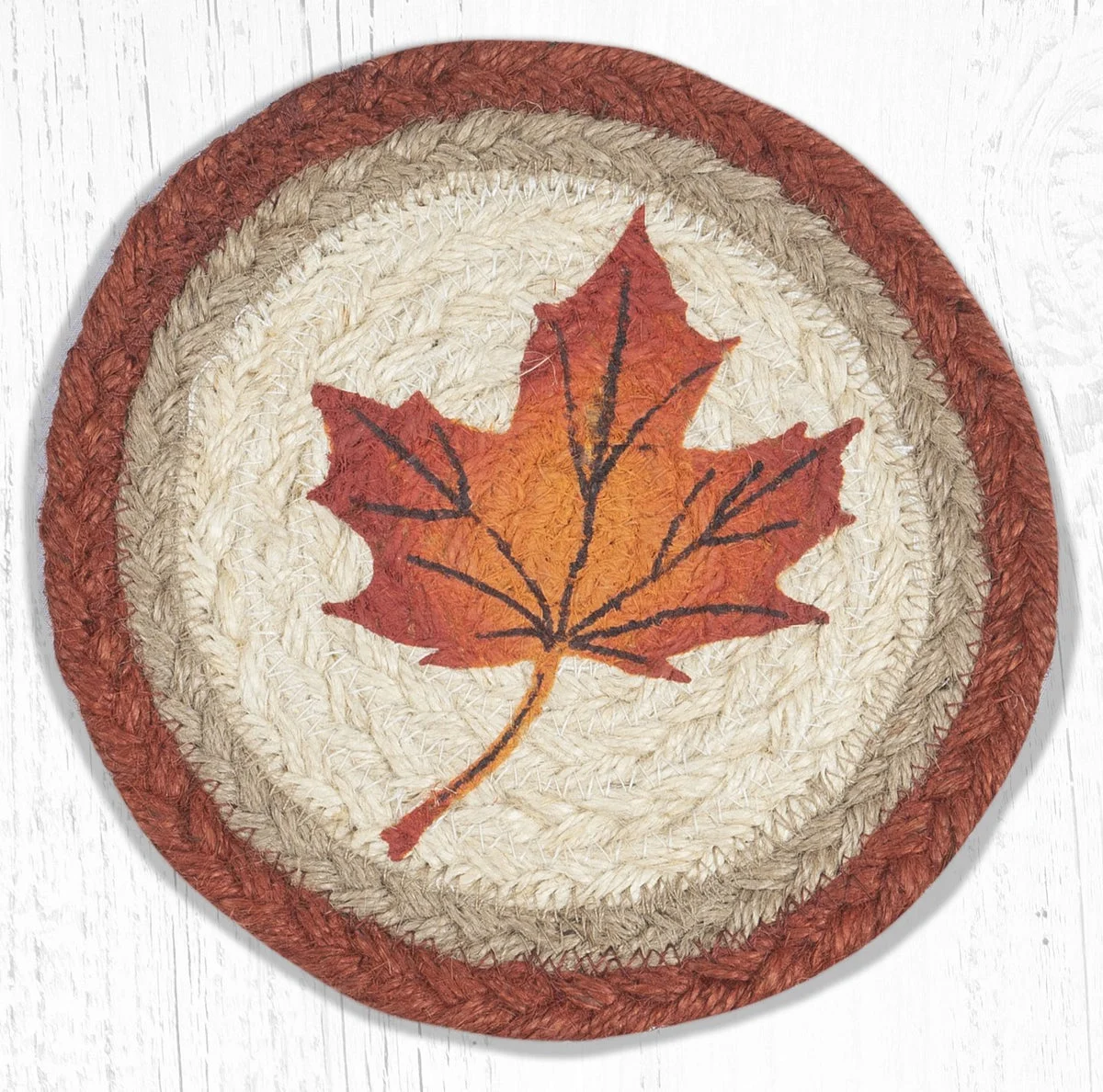 Earth Rugs Maple Leaf Round Large Coaster – 7"x7" Braided Jute Mat, Rustic Autumn Decor Accent
