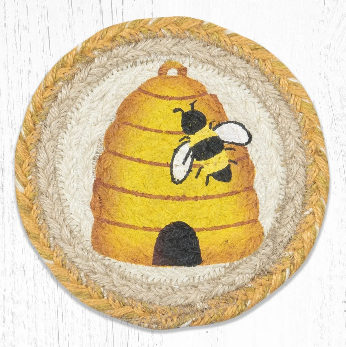 Earth Rugs Round Large Coaster – Beehive and Bees Design, Braided Jute, Rustic Nature-Inspired Accent, 7"x7" Table Mat