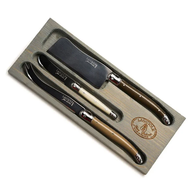 Jean Dubost Laguiole Three-Piece Cheese Set with Linen Handles in a Gray Box