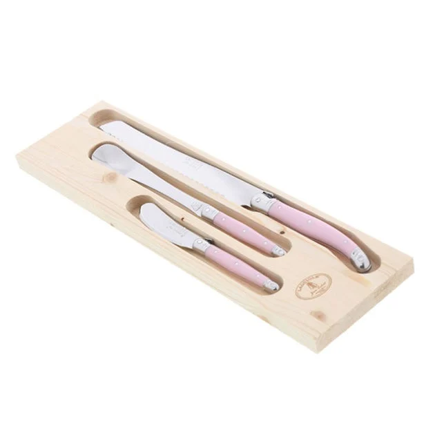Jean Dubost Laguiole Three-Piece Breakfast Set with Pink Handles in Box
