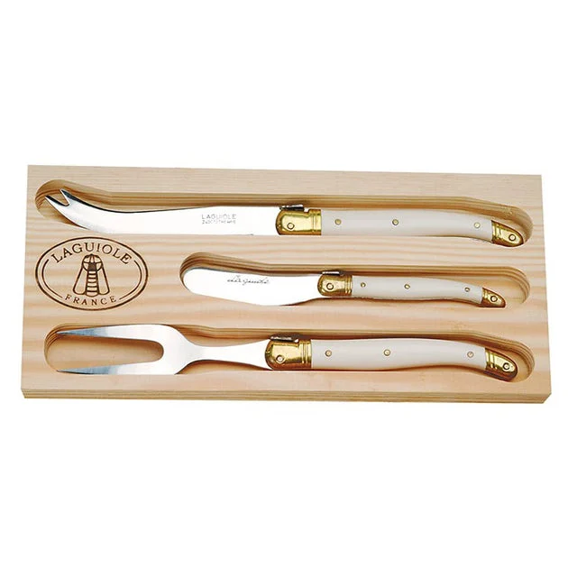Jean Dubost Laguiole Three-Piece Cheese Knife Set with Ivory Handles