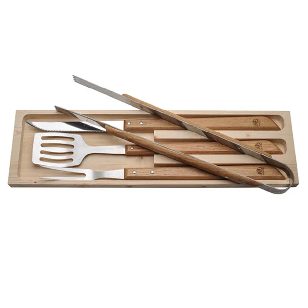 Jean Dubost Laguiole Four-Piece BBQ Set with Oak Handles