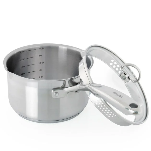 Induction 21 Steel Stainless Steel 2.5-Quart Saucepan with Pour Spout and Strainer glass lid