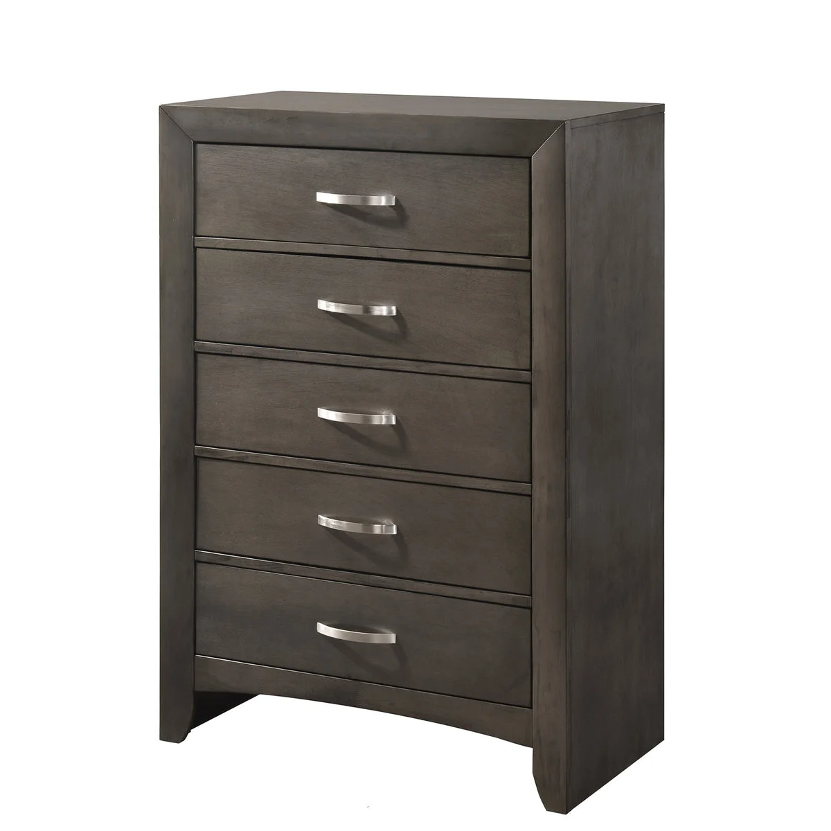 Benzara 5 Drawer Wooden Chest with Curved Metal Handles and Panel Support, Gray