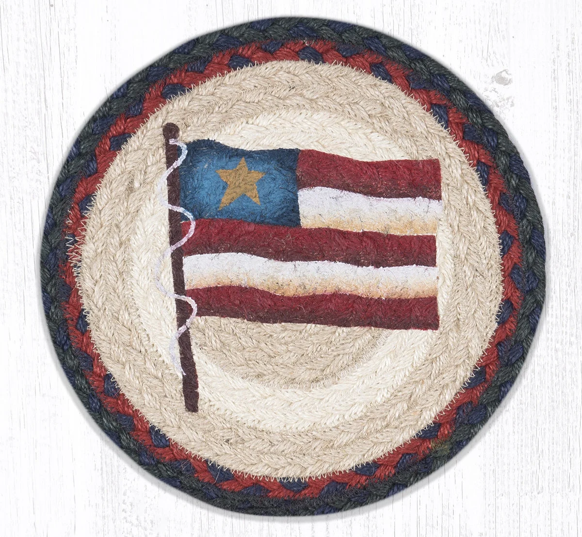 Earth Rugs Handcrafted Round Trivet – Rustic Primitive Star Flag 10"x10"