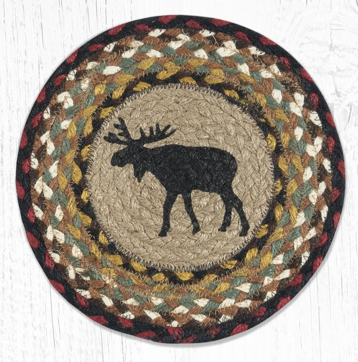 Earth Rugs Black Moose Round Braided Jute Trivet – Hand-Stenciled 10"x10" Rustic Hot Pad