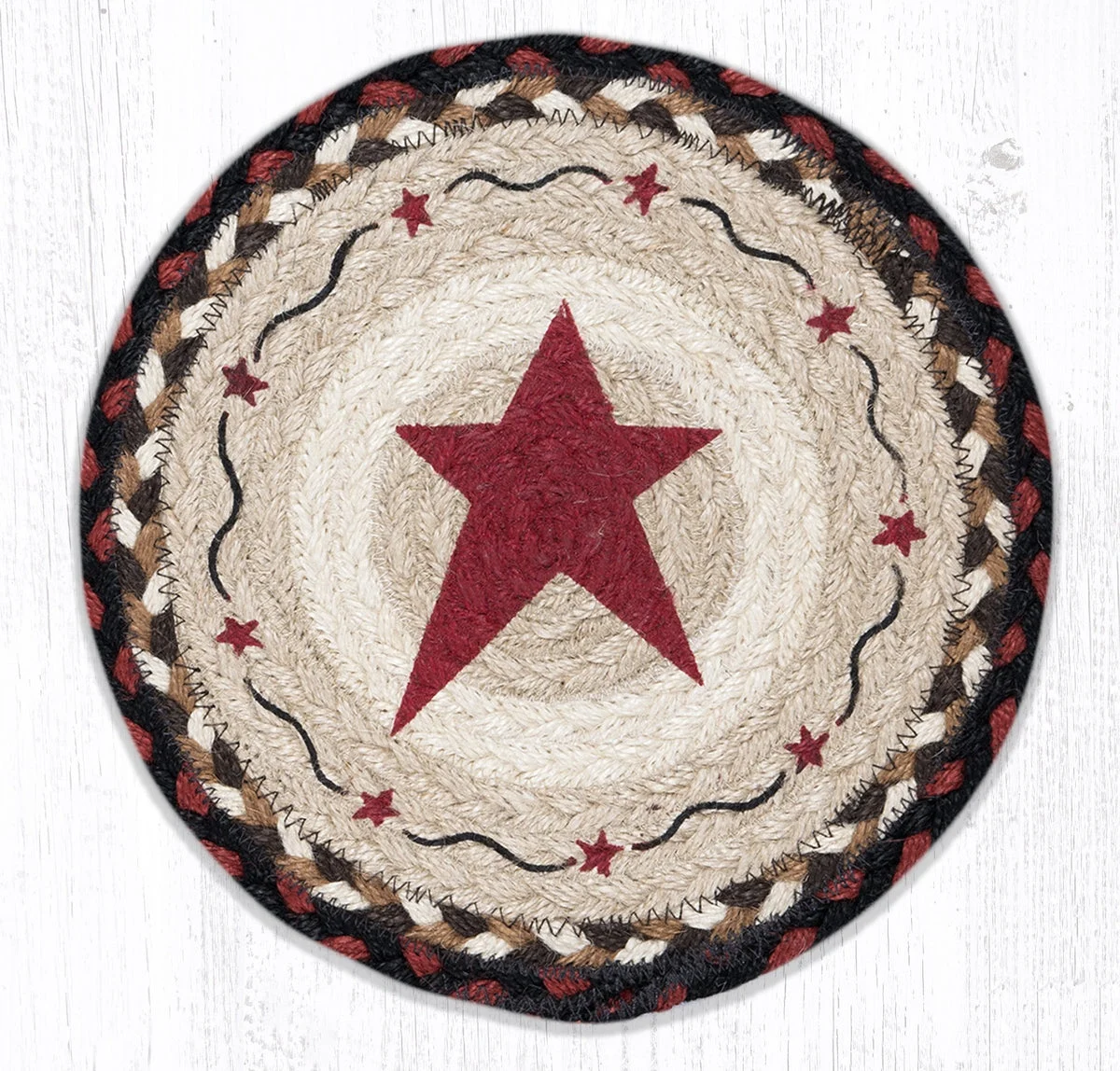 Earth Rugs Primitive Star Burgundy Round Trivet – Rustic Farmhouse Hot Pad 10"x10"