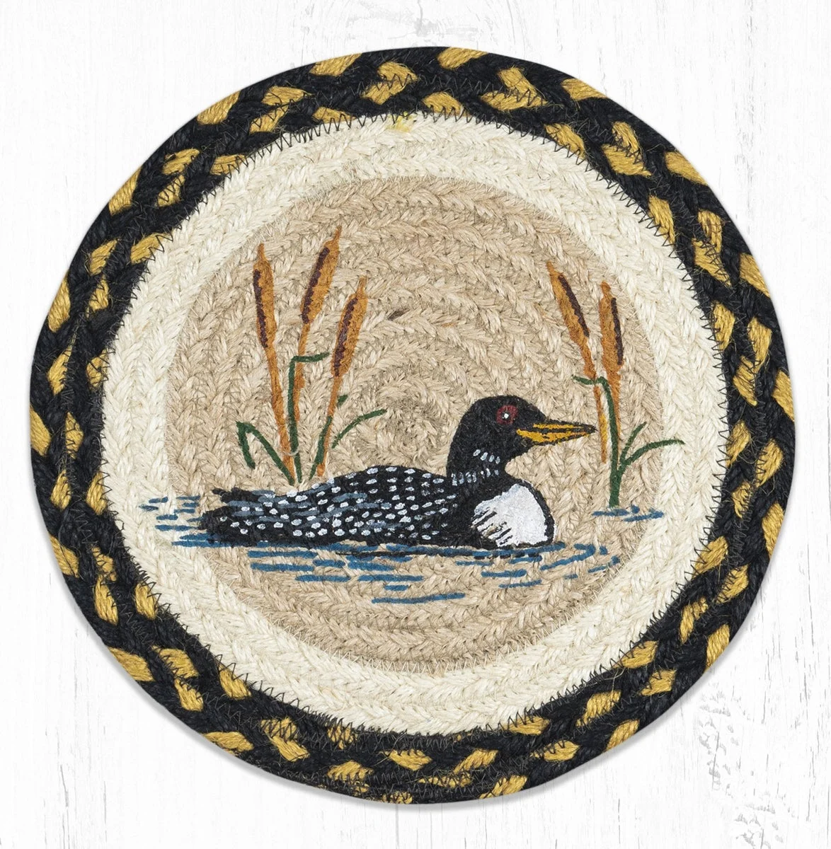 Earth Rugs Loon & Cattail Cotton Round Trivet – Farmhouse Rustic Décor 10"x10"