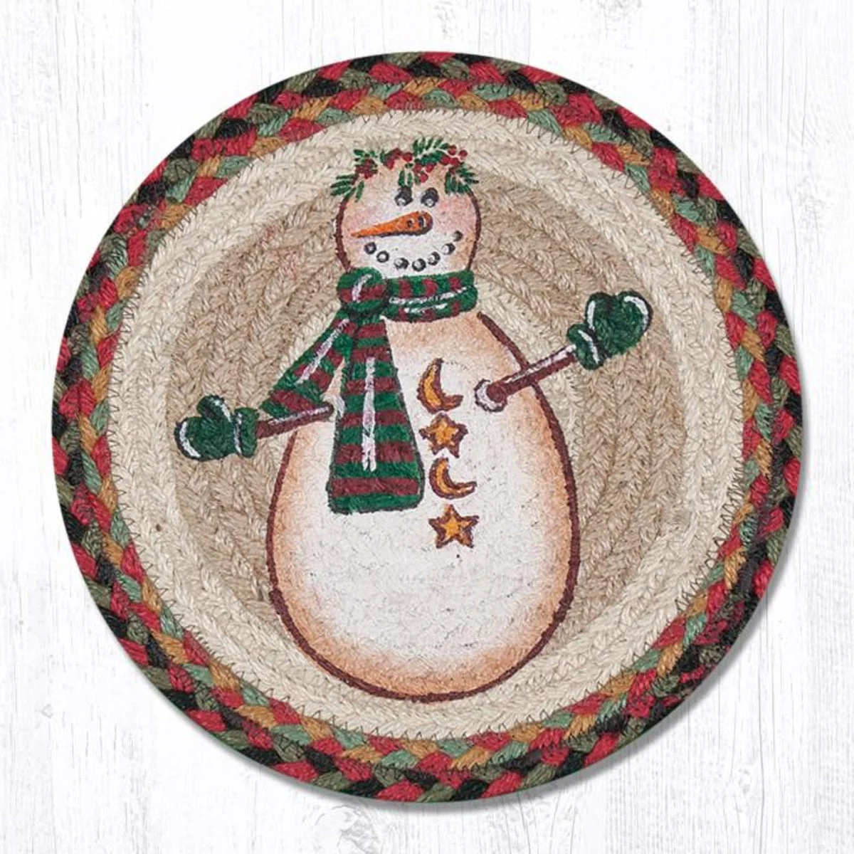 Earth Rugs Moon & Star Snowman Round Trivet – Rustic Holiday Hot Pad 10"x10"