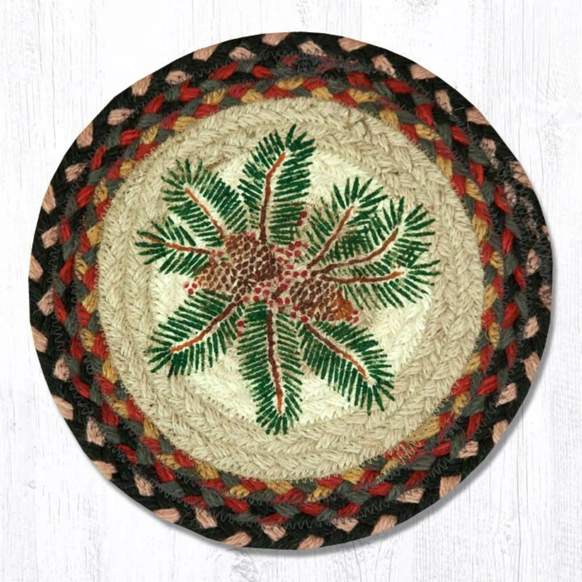 Earth Rugs Pinecone Red Berry Round Trivet – Rustic Woodland Kitchen Hot Pad 10"x10"