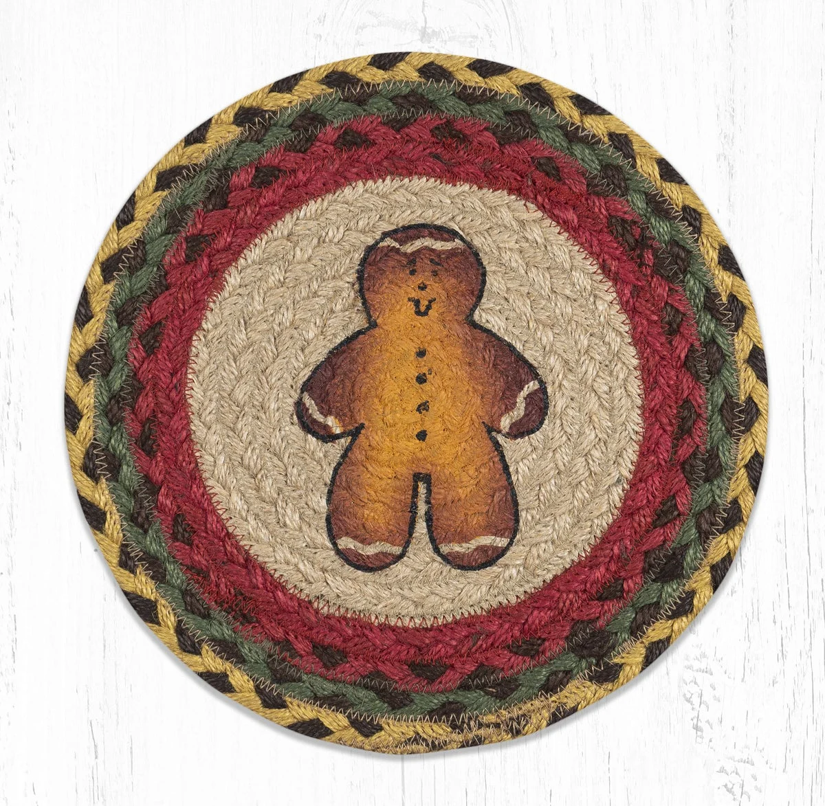Earth Rugs Gingerbread Man Round Trivet – 10"x10" Braided Jute Accent with Festive Holiday Print