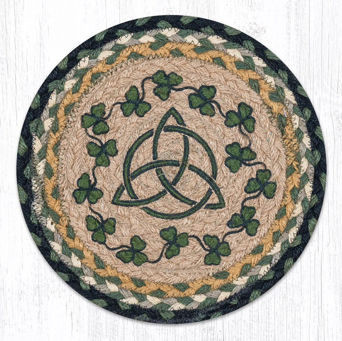 Earth Rugs Irish Shamrock Printed Round Trivet – 10"x10" Braided Jute Table Mat with Lucky Clover Design