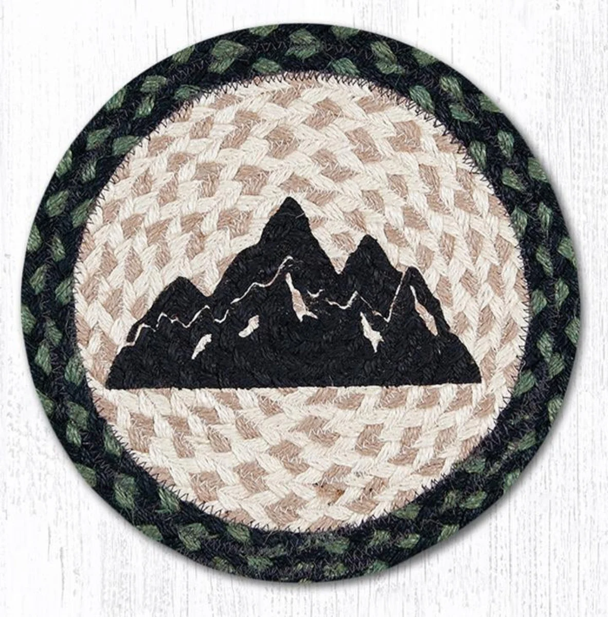 Earth Rugs Mountain Silhouette Printed Round Trivet – 10"x10" Braided Jute Rustic Table Mat with Nature Scene Design