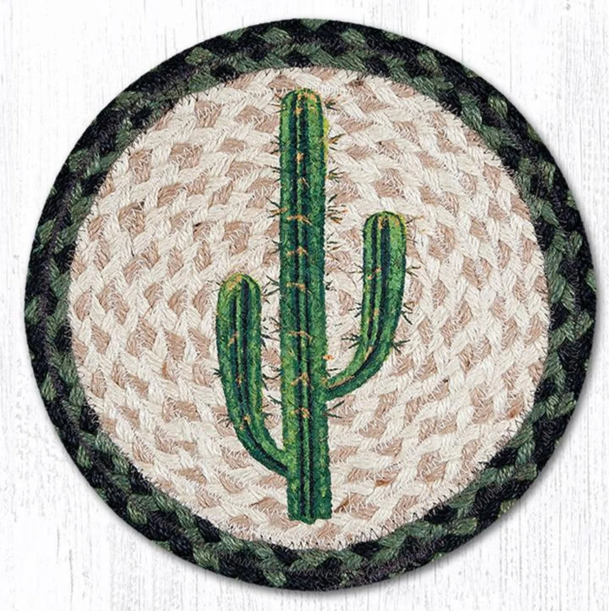 Earth Rugs Saguaro Printed Round Trivet – 10"x10" Braided Jute Table Mat with Southwestern Desert Cactus Design